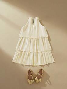 SHEIN Young Girl Summer Elegant Minimalist Solid Color Ruffle Neck Dress - Apricot - View 2