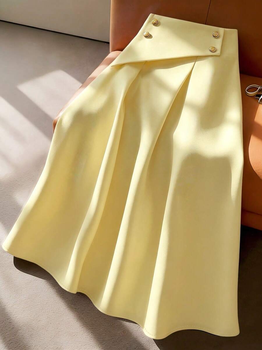 Franclia 淡黃色夏季優雅女款辦公室復古A字裙,附金色鈕扣,垂墜面料,修身顯瘦,休閒派對裙 - 黃色 - 查看 1
