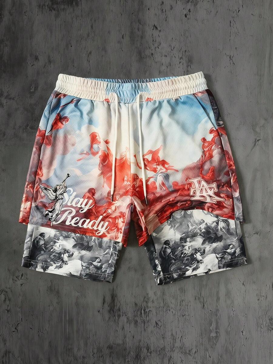 ROMWE MEN Street Life Quần short bóng rổ nam in họa tiết, thiết kế 2 trong 1, thích hợp mặc hàng ngày vào mùa xuân/hè. - Nhiều màu - Xem 1