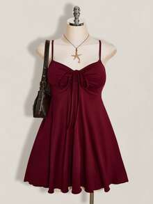 SHEIN ICON 大码女式纯色前系带褶皱吊带裙 - 酒紅色 - 查看 1