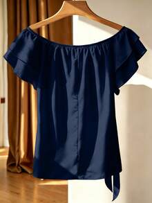 Franclia Plus Size French Style Off-Shoulder Ruffle Striped Top - Navy Blue - View 2