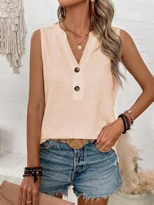 EMERY ROSE Top de tirantes casual para mujer de unicolor con cuello en V con muesca y diseño de botones - Albaricoque - Ver 3