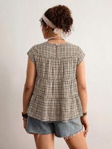 Freevana Plus Size Summer Casual Plaid Ruffle Trim Shirt - Black - View 2