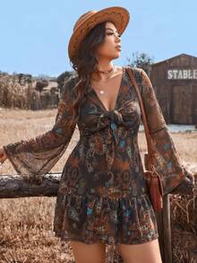 Freevana Damen Große Größen Casual Paisley Blumen Muster Patchwork Weite Ärmel Kleid für Urlaub, Strandkleid Sommerkleid, Urlaubsoutfit Boho, Westernmode Damen - Verschiedenfarbig - Übersicht 1