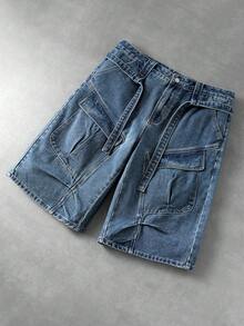ROMWE MEN Pantalones cortos vaqueros holgados y casuales con cordón y múltiples bolsillos, con efecto lavado vintage para hombres - Azul - Ver 1