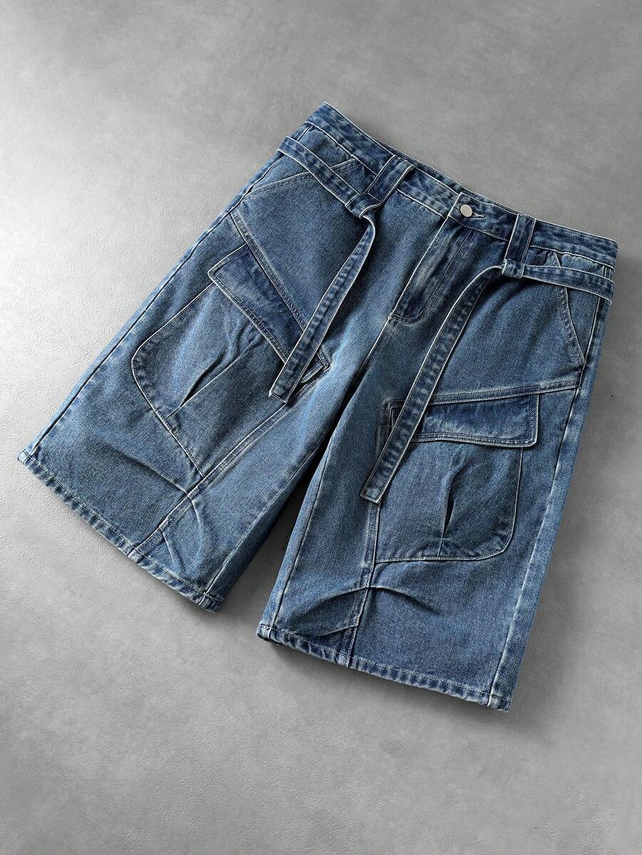 ROMWE MEN Pantalones cortos vaqueros holgados y casuales con cordón y múltiples bolsillos, con efecto lavado vintage para hombres - Azul - Ver 1