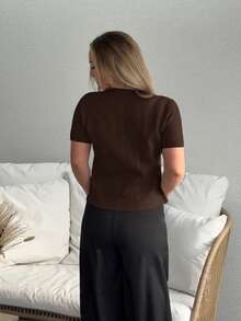 Jeta Ari Women's Solid Color Round Neck Front Button Casual Short Sleeve Thin Cardigan Brown Summer - Coffee Brown - View 2
