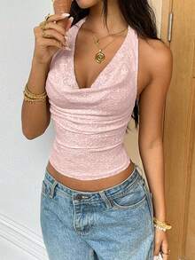 DAZY Women's Solid Color Fitted Cropped Spaghetti Strap Backless Camisole Sexy Summer Top Vacation - Apricot - View 4