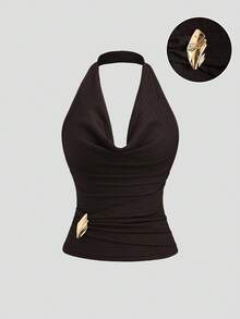 Sweetra Retro American Sexy Backless Crop Top, Black And Gold Tone, Waist Cinching Design With Metallic Buckle Accent, Elegant And Versatile For Summer - Brown - View 1