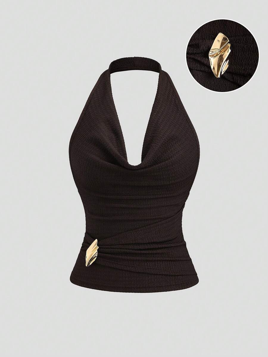 Sweetra Retro American Sexy Backless Crop Top, Black And Gold Tone, Waist Cinching Design With Metallic Buckle Accent, Elegant And Versatile For Summer - Brown - View 1