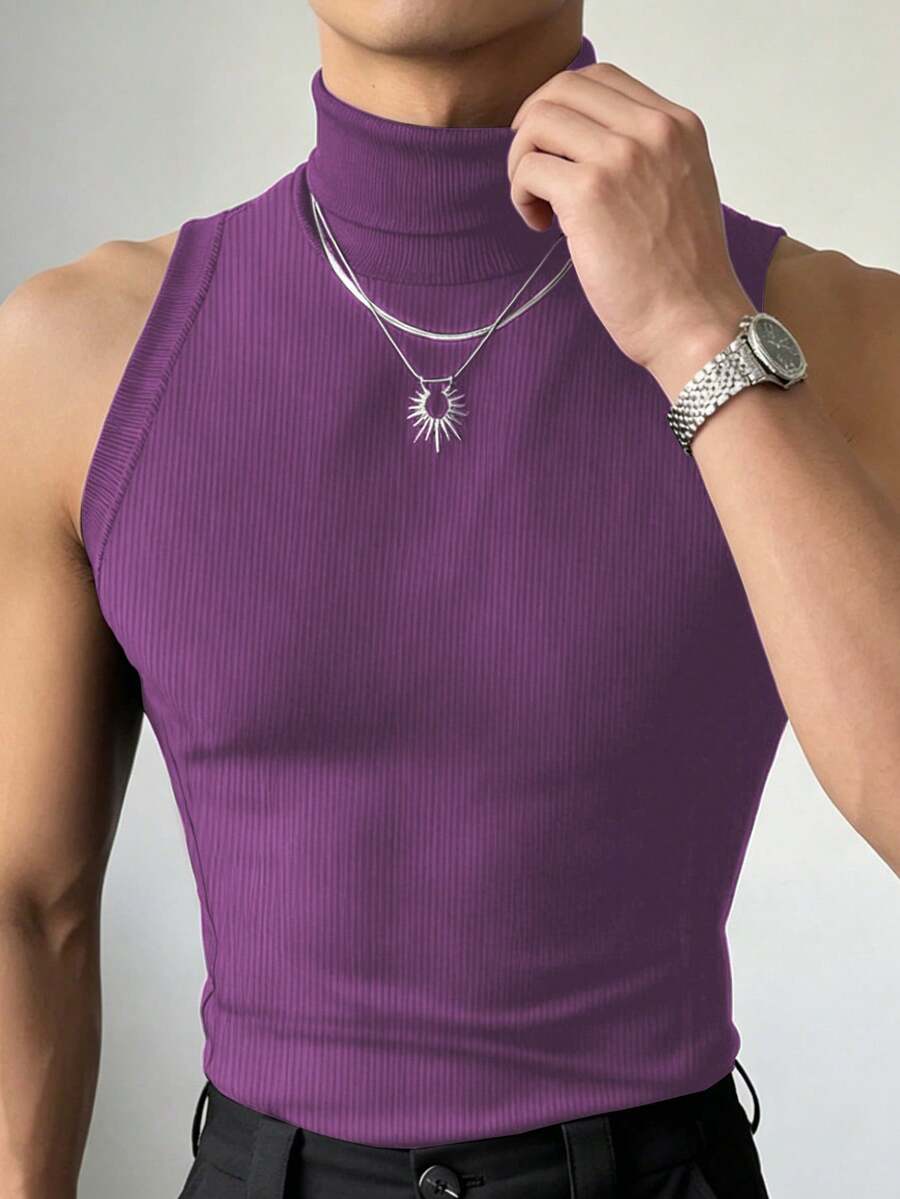 Manfinity Dauomo Men's Solid Color High Neck Ribbed Slim Fit Versatile Fashion Sleeveless Tank Top - Purple - View 1