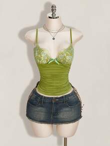 SHEIN ICON Contrast Lace Ruched Y2k Cami Top - Green - View 4