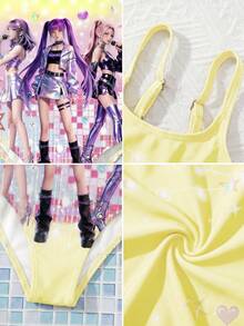 SHEIN 卡通印花連身泳衣，適合年輕女孩，適用於海灘度假、泳池派對、海灘派對 - 黃色 - 查看 3