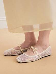 Eladyva Women's White Ballet Flats With Bow Decor, Flower Embroidery, Breathable Mesh Vamp, Square Toe, Suitable For Wide Or Plump Feet, Summer Mary Jane Shoes - White - View 3