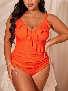 Slaydiva Plus Size Women Solid Color Ruffle Trim One-Piece Swimsuit Beach Vacation Orange Summer Sexy - Yellow - View 1