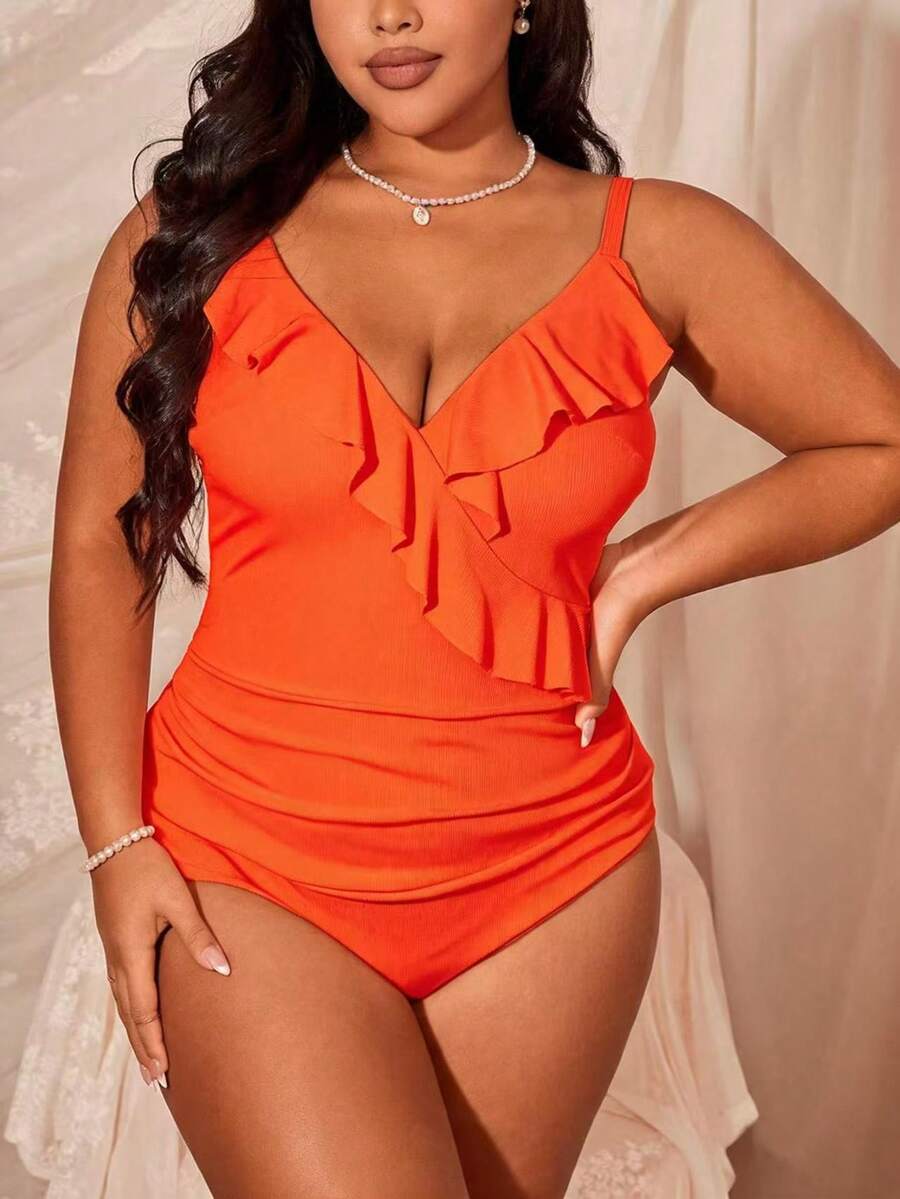 Slaydiva Plus Size Women Solid Color Ruffle Trim One-Piece Swimsuit Beach Vacation Orange Summer Sexy - Yellow - View 1
