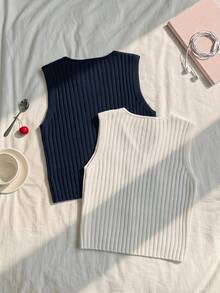 CovetEZ Usa Back-To-School Casual Streetwear Preppy Knitted Sweater Vest Top 2pcs Suitable For Daily School Teacher Elementary Holiday Summer Navy Blue White - Multicolor - View 7