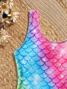 SHEIN Tween Girls Cute Pink One-Piece Swimsuit,Rainbow Ombre Starry Mermaid Scale Print,Modest Comfortable With Chest Pads,Summer Beach Pool Holiday,Surfing - Multicolor - View 4