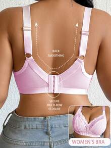 DesireSculpt 1pc Plus Size Lace Patchwork Wireless Bra Hot Pink Summer - Pink - View 2