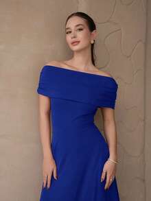 Duda Rubert 女款優雅極簡時尚浪漫性感洋裝，露肩高腰A字傘裙夏日洋裝 - 藍色 - 查看 4