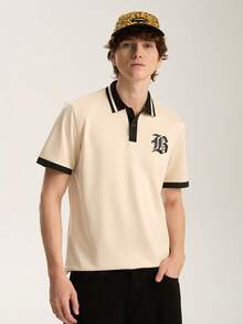 Limitiso 男士休闲拼色字母印花 Polo 衫，夏季 - 杏色 - 查看 1