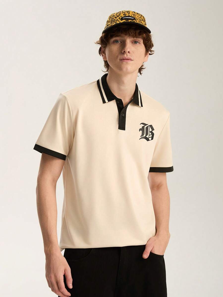 Limitiso 男士休闲拼色字母印花 Polo 衫,夏季 - 杏色 - 查看 1