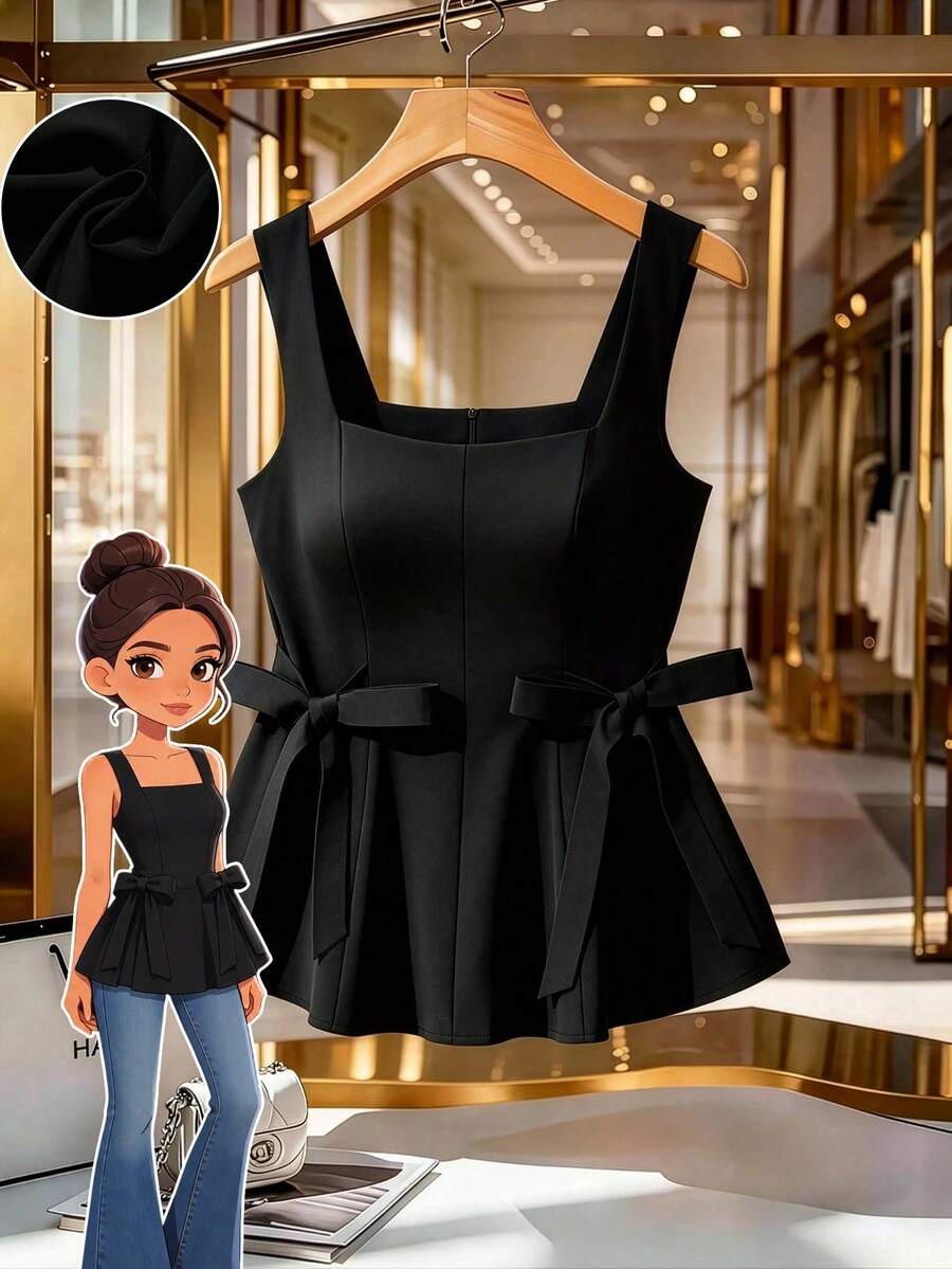 GlowEve CURVE Plus Size Women's Elegant Solid Color Square Neck Tie Waist Bow Decor Camisole Top, Suitable For Spring/Summer Commute - Black - View 1