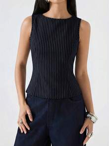 LYSMO 2026 New Minimalist Brown Striped Round Neck Fitted Casual Tank Top, Suitable For Work/Business Casual/Office Wear, Fashionable Women's Shirt/Casual Women's Shirt - Navy Blue - View 3