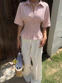SHEIN EZwear Lotus Root Pink Woven Women's Button Down Short Sleeve Shirt,Summer Top - Dusty Pink - View 3