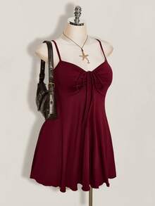 SHEIN ICON 大码女式纯色前系带褶皱吊带裙 - 酒紅色 - 查看 6
