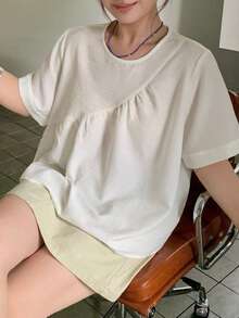 Dazy Plus 素色寬鬆短袖圓領百褶休閒度假夏季上衣，女大尺碼短袖白色休閒襯衫 - 白色 - 查看 4