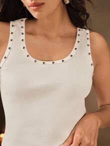Anewsta New Spring/Summer Rivet Decor U-Neck Ribbed Sleeveless Fitted Tank Top For Women Night Out Off-White Casual - White - View 1