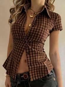 EMERY ROSE Casual Plaid Collar Short Sleeve Shirt, Summer - Rust Brown - View 3