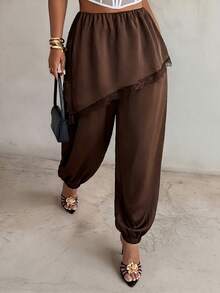 Firerie Plus Size Women Solid Color Pleated Casual Versatile Daily Wear Pants Gym Brown Autumn - Coffee Brown - View 2