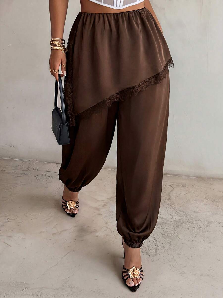Firerie Plus Size Women Solid Color Pleated Casual Versatile Daily Wear Pants Gym Brown Autumn