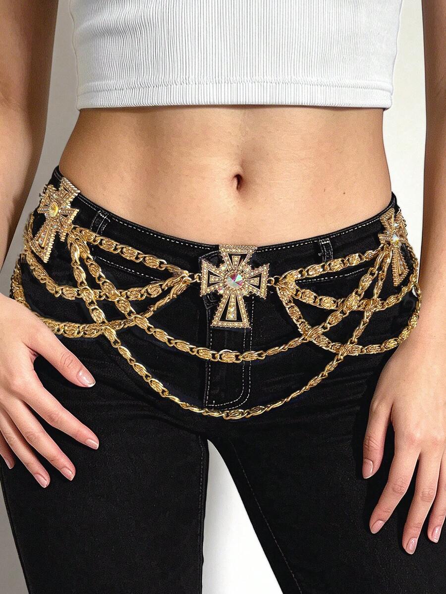 ROMWE Goth 1-Pack Ladies Gold Embossed Chain Rhinestone Cross Decoration Street Style Diablo Waist Chain Halloween Accessories Daily Versatile - Gold Diamond Cross Waist Chain - View 1