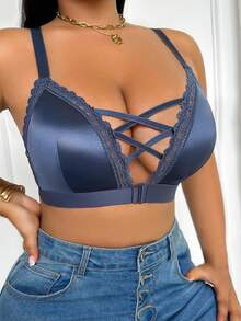 DesireSculpt 1pc Plus Size Women Wireless Criss-Cross Bra - Navy Blue - View 3