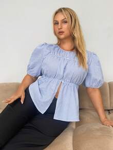 Auralis Top Casual de Verão Listrada Plus Size para Mulheres - Azul - Visão 6