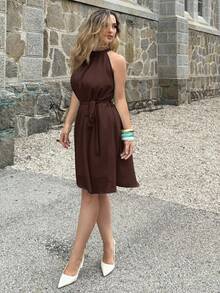 Jeta Ari Women Sleeveless Solid Color Halter Dress, Fashionable For Summer,Boho Clothes Women Elegant Party - Coffee - View 4