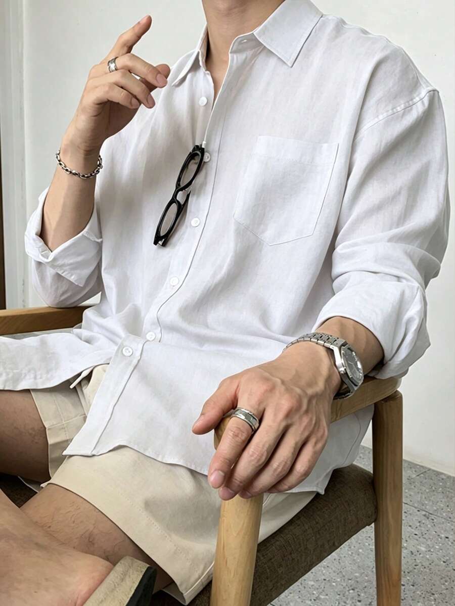 DAZY 男士白色长袖衬衫,适合通勤和春季穿着 - 白色 - 查看 1