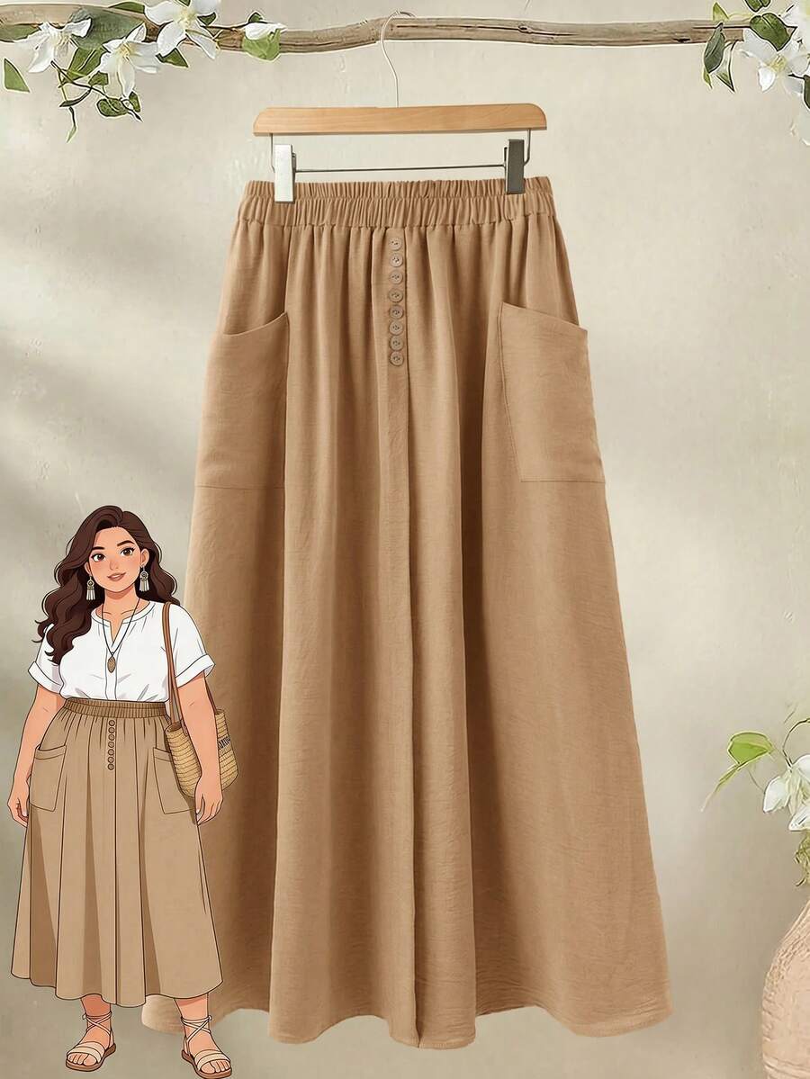 Rusticease Plus Size Women Solid Color Button Design Pocket Casual Skirt Spring Clothing Beach Outfits For Women Vacation Outfits - Khaki - View 1