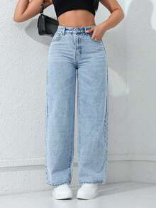 SHEIN ICON Quần Jeans Denim Màu Trơn Thường Ngày Cho Nữ - Rửa nhẹ - Xem 7