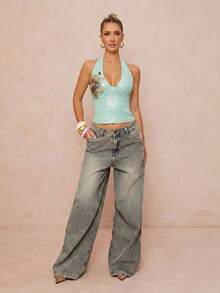 Lumalex Mint Green Sequin Halter Deep V Neck Tie Back Open Back 3D Floral Applique Embroidery Crop Top Summer Dates Party Night Rave Club Night Out Sexy Disco - Green - View 12
