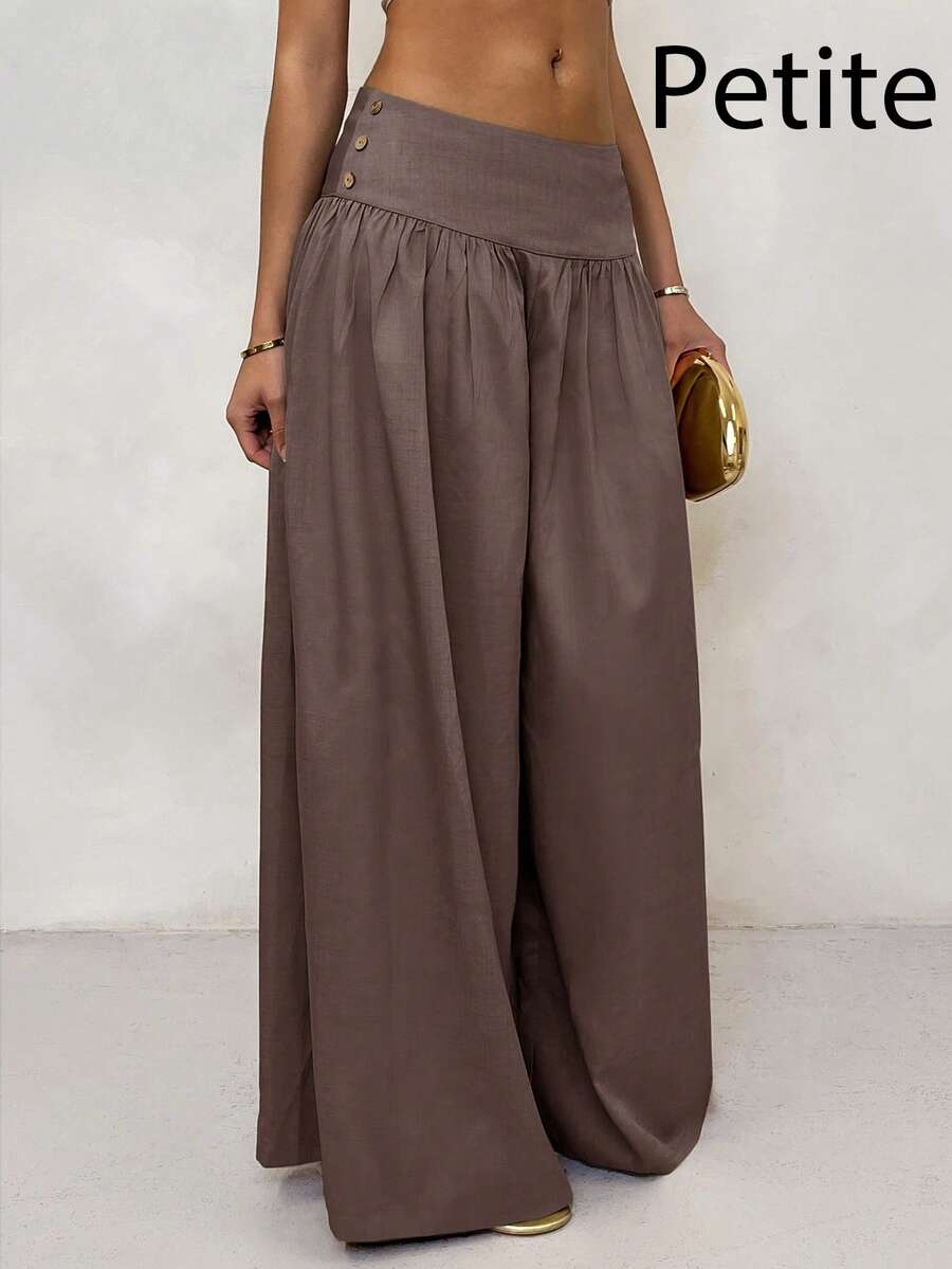 SHEIN PETITE Quần ống rộng cạp thấp kiểu retro, quần dài nữ dáng suông, tôn dáng, thích hợp cho mùa thu, trở lại trường học. - Cà phê nâu - Xem 1