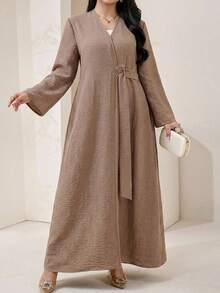 Veilorie Plus Size Women's Solid Color Long Sleeve Waist Metal Design Abaya - Coffee Brown - View 8