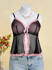 Nora Wilde Plus Size Polka Dot Mesh Spaghetti Strap Dress - Black - View 5