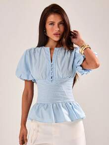 SHEIN BAE Women's Elegant Solid Blue Ruffle Puff Sleeve Fitted Blouse, Blue Ladies Top - Blue - View 5