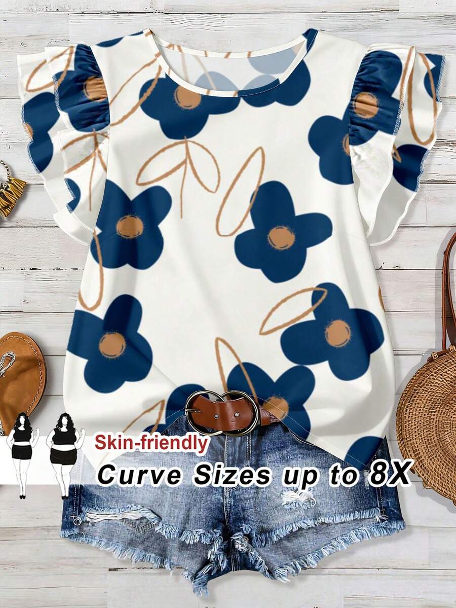 SHEIN CURVE+ Plus Size Women Casual Floral Print Ruffle Sleeve Blouse - White - View 1