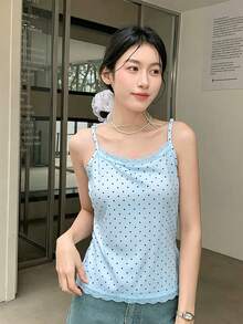 K-Vae 女款白色波點蕾絲飾邊細肩帶上衣，甜美可愛修身夏季襯衫，柔軟針織，韓系休閒百搭，街頭風，必備疊穿單品 - 淺藍色 - 查看 1