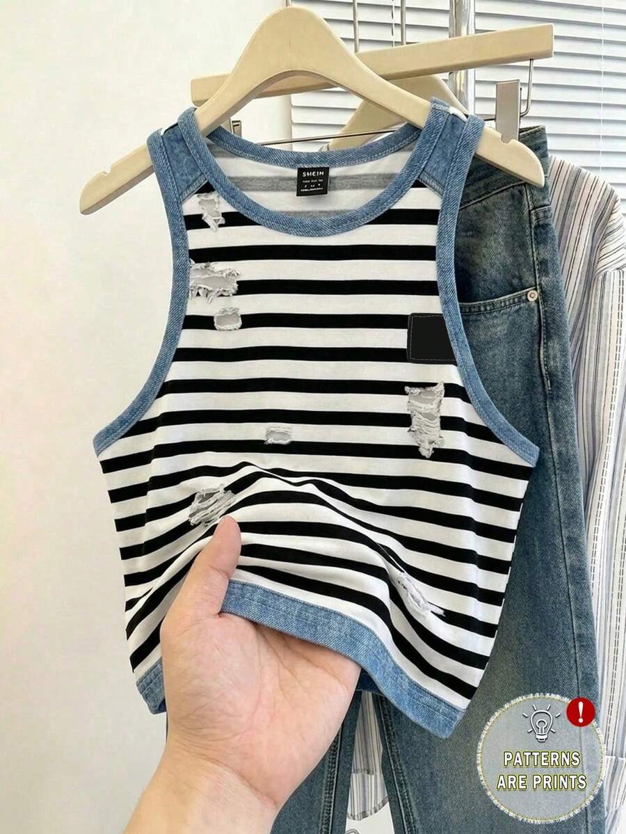 SHEIN Essnce 休閒極簡圓領仿紋理黑白條紋仿做舊修身女款背心,適合夏季街頭風 - 彩色 - 查看 1